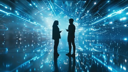 Silhouettes of two people in a futuristic digital landscape