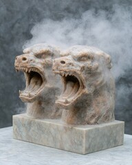 Poster - Fierce stone creature statues with smoke