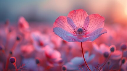 Wall Mural - Pink Flower Field at Sunset