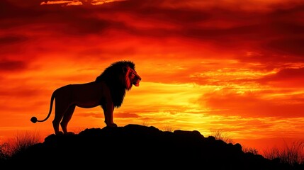 Wall Mural - A silhouette of a lion on a rock against a vibrant sunset sky.