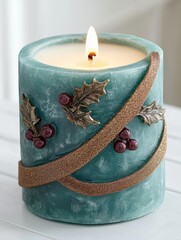 Poster - Festive holiday candle with holly and gold accents