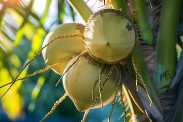 Coconut tree with ripe coconuts on the beach.