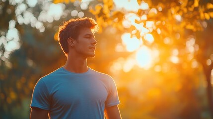 Poster - A young man stands thoughtfully in a sunlit park, surrounded by warm, glowing nature.