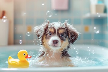 A dog is in a bathtub with a rubber duck