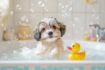 A small dog is in a bathtub with a rubber duck