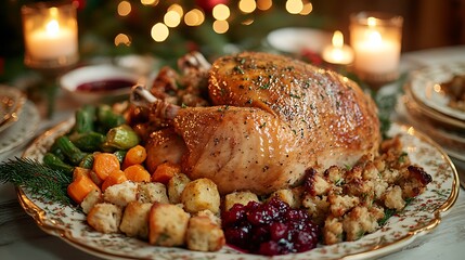 Traditional Christmas Eve feast, complete with roasted turkey, holiday vegetables, stuffing, and cranberry sauce, served on a beautifully decorated table with glowing candles, festive plates,