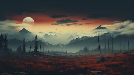 Wall Mural - Mountain Landscape with Full Moon