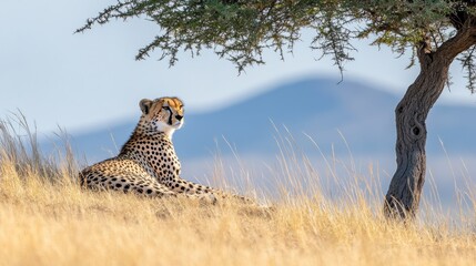 Poster - A cheetah rests gracefully on a grassy hill under a tree with mountains in the background.