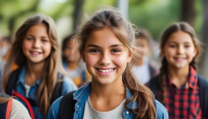 Wall Mural - Joyful School Girl Excitedly Pointing Upward