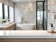 © Nyetock - blurred inside of interior luxury modern bathroom in the morning background with white wood tabletop for show, promote ads and design product on display concept