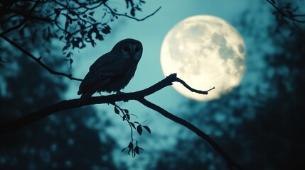 Poster - An owl perched on a branch against a luminous full moon in a serene night setting.