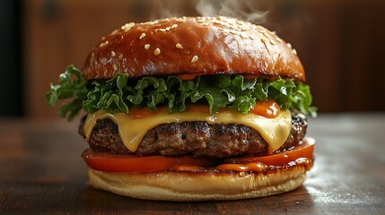 A burger in a close-up shot, showing crispy lettuce, fresh tomatoes, melted cheese, and a juicy beef patty, with sauce glistening on the side. Set against a warm-toned kitchen interior,