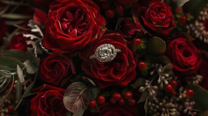 Wall Mural - diamond engagement ring on red roses bouquet