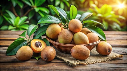 A sweet and ripe chiku fruit, also known as sapodilla, rests on a rustic wooden table, surrounded by natural green leaves and warm earthy tones.