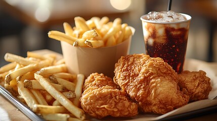 A classic fried chicken combo meal with crispy, golden fried chicken, hot French fries, and a cold soda in a paper cup, served on a tray. The warm lighting highlights the textures,