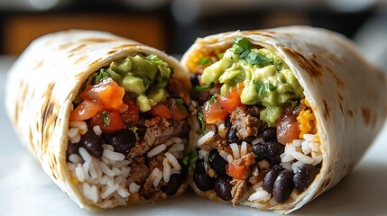 Wall Mural - A close-up cross-section of a stuffed burrito, cut in half, showing layers of seasoned meat, rice, black beans, salsa, and fresh guacamole, wrapped in a soft tortilla.