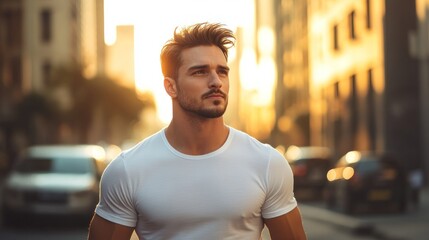 Poster - A thoughtful man gazes into the distance during sunset in an urban setting.