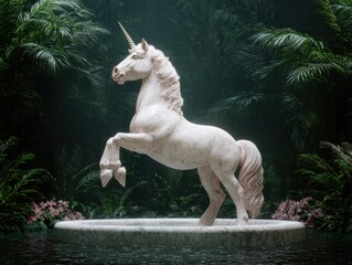 Poster - Magical unicorn statue in tropical garden