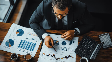 Poster - a man in a suit is sitting at a desk with a laptop and a calculator