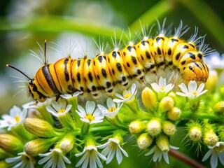 A yellow caterpillar with brown stripes and fuzzy white hairs crawls across a lush green leaf, surrounded by delicate white flowers.