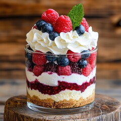 Canvas Print - Delicious layered berry dessert with whipped cream