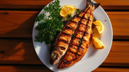 A delicious grilled fish dish featuring two fish fillets, fresh lemon wedges, and vibrant parsley sprigs on a white plate. The fish is perfectly cooked, with crispy skin and flaky meat.