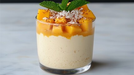 Refreshing tropical fruit dessert with mango and coconut