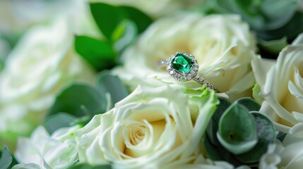 Wall Mural - emerald engagement ring on white roses