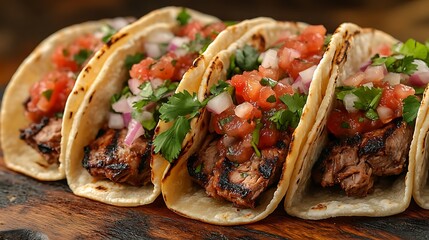 Wall Mural - A close-up shot of street-style tacos filled with grilled meat, fresh cilantro, onions, and salsa, served on soft tortillas. The tacos rest on a rustic wooden board, with warm,