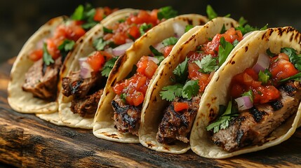 Wall Mural - A close-up shot of street-style tacos filled with grilled meat, fresh cilantro, onions, and salsa, served on soft tortillas. The tacos rest on a rustic wooden board, with warm,