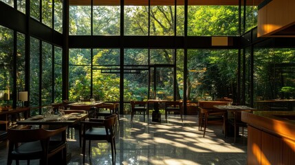 Sticker - A serene dining area with large windows overlooking a lush green landscape.