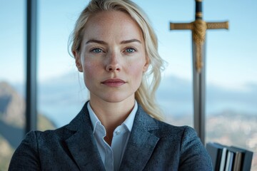 Sticker - Serious businesswoman with blonde hair in front of a cross