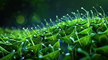 A close-up view of dew-kissed green leaves, capturing intricate textures and vibrant colors in a serene, natural setting.