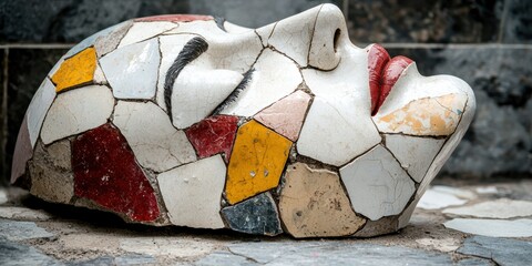 Sticker - Cracked and weathered ceramic sculpture with colorful mosaic pattern