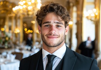 Wall Mural - Handsome young man in formal suit smiling at camera