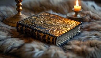 Elegant book adorned with gold designs beside a glowing candle in a decorative holder on a soft textured surface