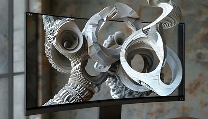 Intricate abstract sculpture displayed on a computer monitor showcasing complex textures and artistic design