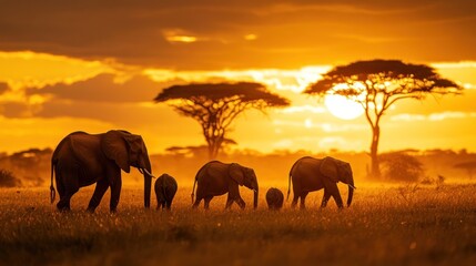 Wall Mural - A serene sunset scene featuring elephants walking across a savanna.