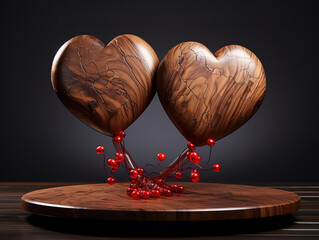 A table made of wood with two red hearts placed on top.