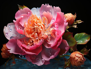 Wall Mural - Amazing Peony with water splash and drops.