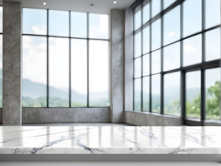 Empty white marble stone table top and blur glass window interior lobby and hall way banner mock up abstract background - can used for display or montage your products.