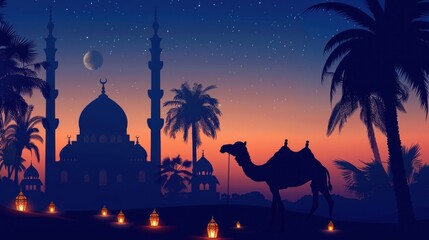 Wall Mural - Silhouette of a Mosque and Camel Under Starry Night