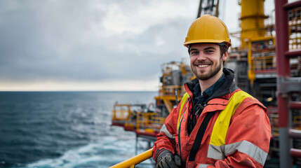 Worker on offshore platform, smiling and confident.