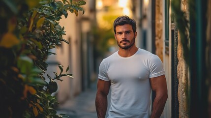 Canvas Print - A man in a fitted white t-shirt stands in a narrow, sunlit alley surrounded by greenery.