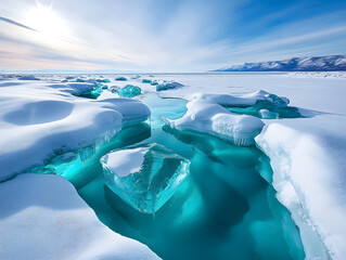 Wall Mural - Beautiful winter landscape of frozen Lake Baikal with Aurora Borealis - Snowy ice hummocks with transparent blue piles of ice - Baikal Lake, Siberia