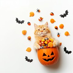 Trick or treat! Cat relaxing on pumpkin and Jack o lantern candy pail on white background with bats and spider decorations, celebrating halloween at home. Top view with space for text