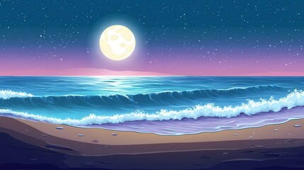 Wall Mural - Nighttime Beach Scene with Full Moon, Ocean Waves, and Starry Sky - Digital Illustration.