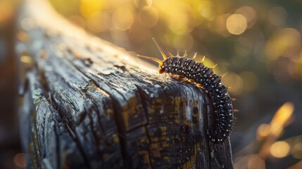 Canvas Print - Caterpillar on a weathered wooden post