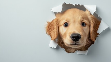 Wall Mural - A golden retriever puppy peeking through torn paper, creating a playful and cute effect.