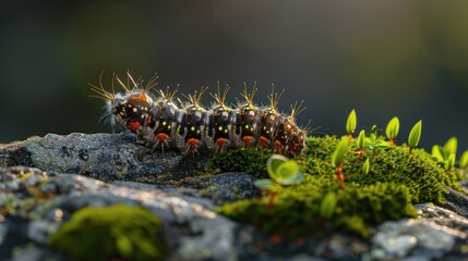 Canvas Print - Caterpillar on Mossy Rock